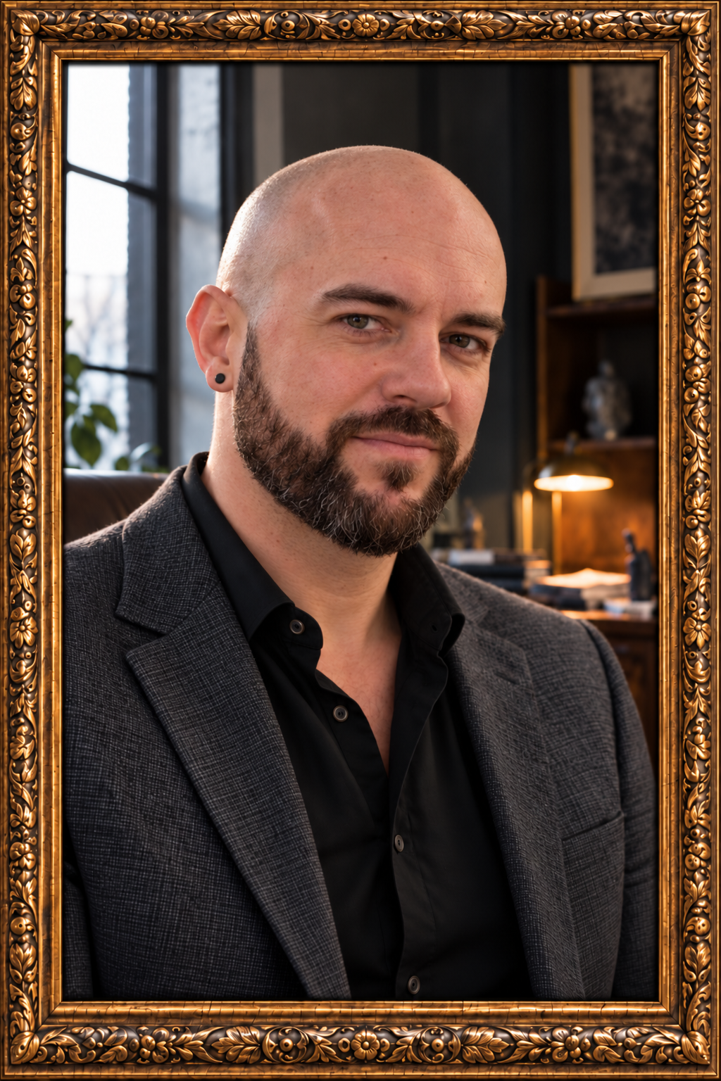 Photographic portrait of Shawn Lenker in his office, displayed in an ornate gold frame