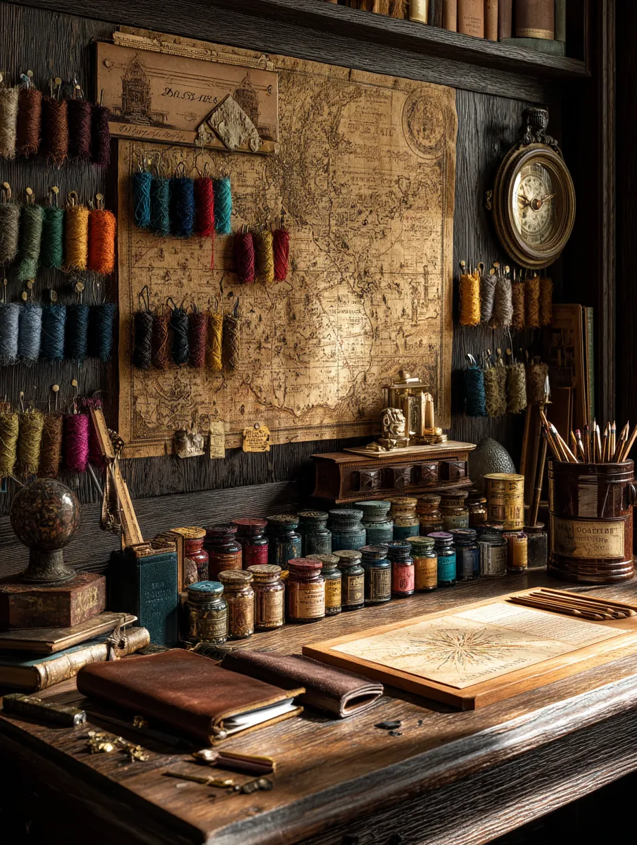 A hand-drawn map pinned to a dark wood wall hung with spools of coloured thread, above a desk of ink bottles, pencils and leather notebooks.