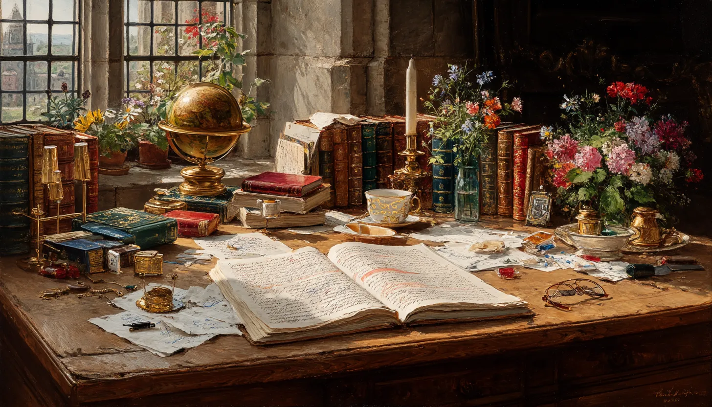 An open handwritten manuscript on a desk in window light, surrounded by bound volumes, a globe, an inkwell and reading glasses.