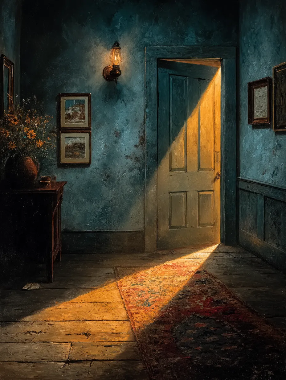 A dim upstairs hallway at night with warm light spilling from a partly open bedroom door across a patterned runner.