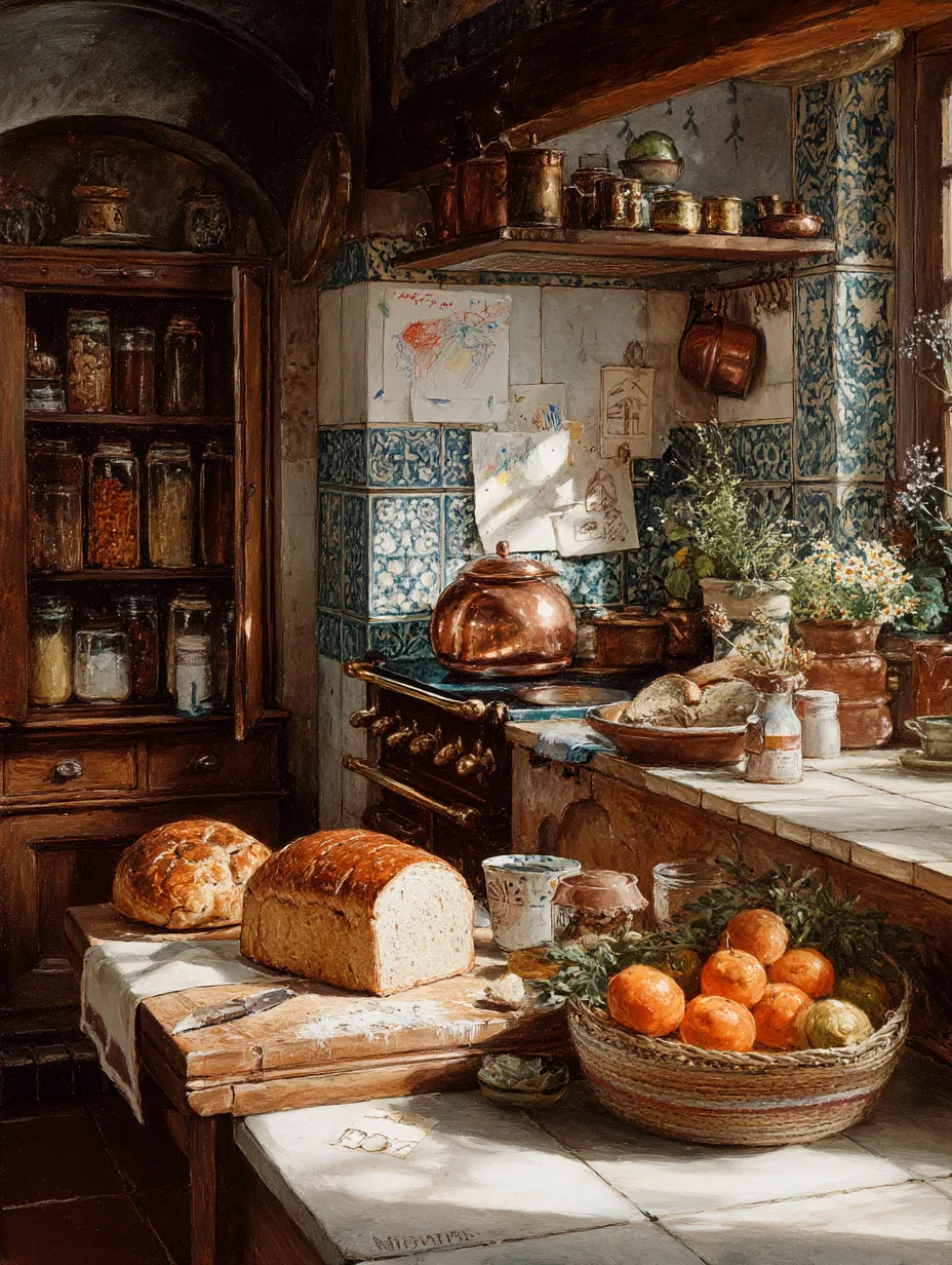 A warm tiled farmhouse kitchen with fresh loaves cooling on a board, preserving jars in a cabinet, a basket of oranges and a child's crayon drawing pinned above the range.