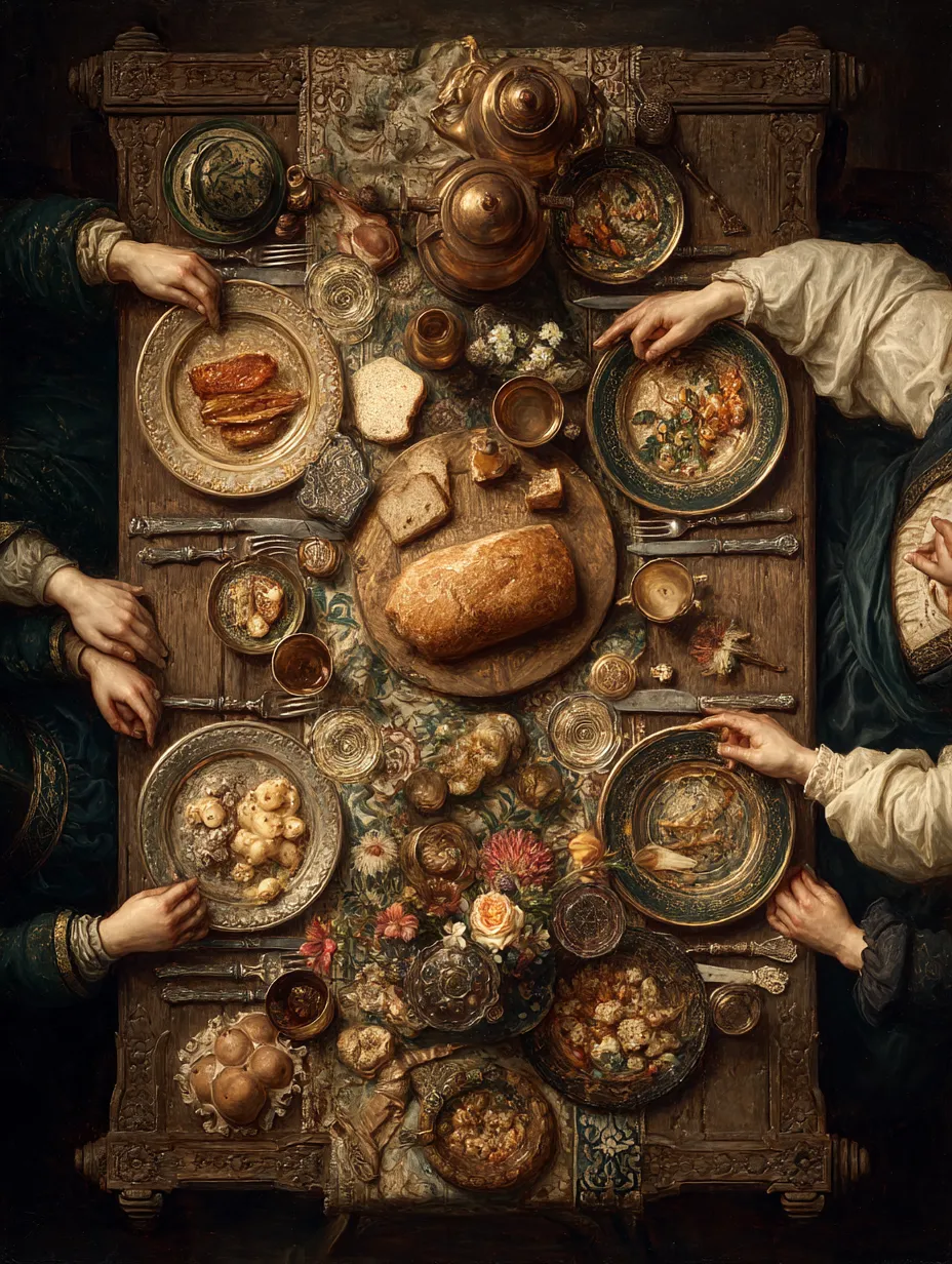 An overhead view of a laden dinner table with four pairs of hands of different sizes reaching across it, a golden loaf at the centre.