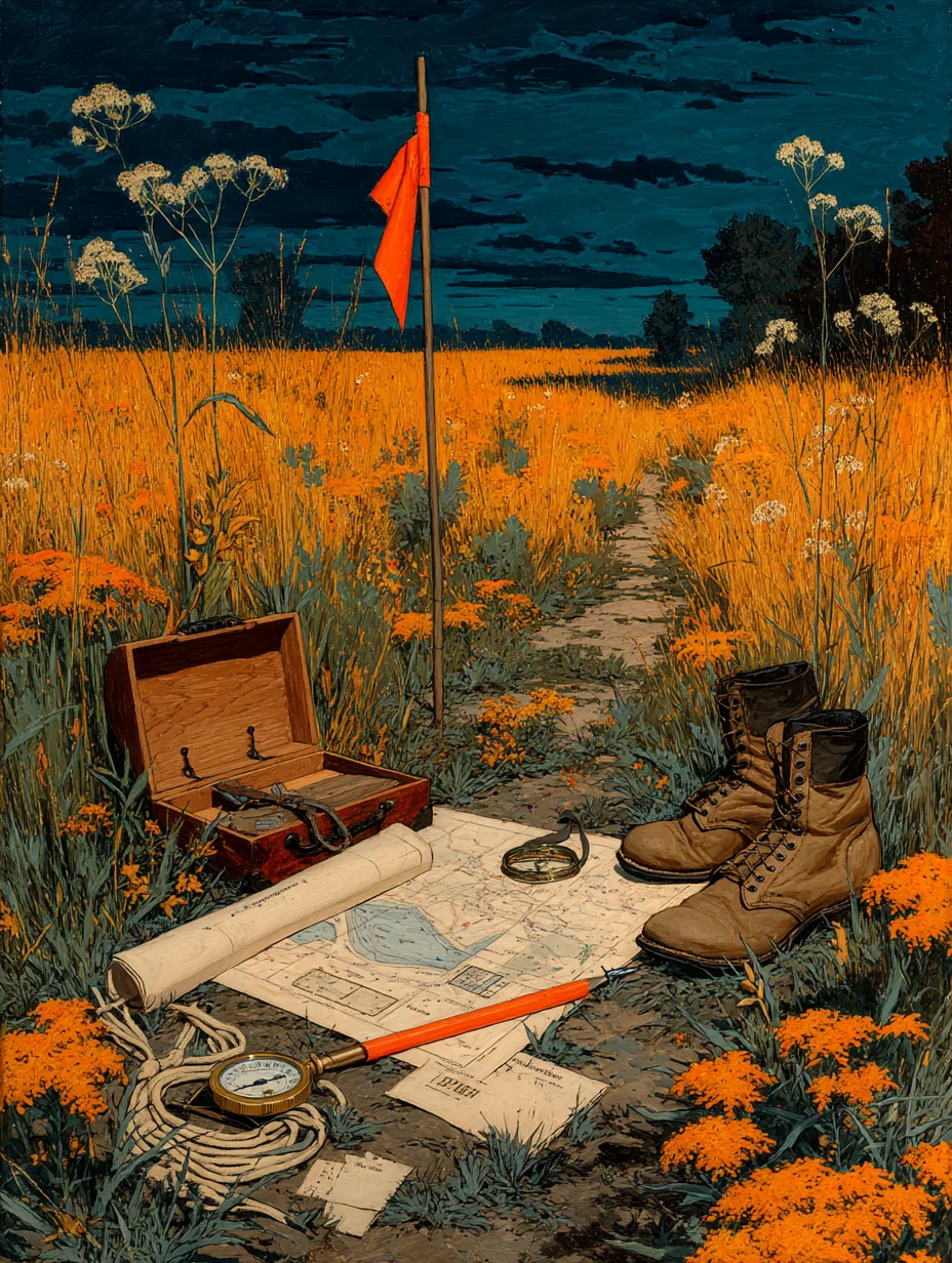 An orange survey flag on a wooden stake in a meadow at dusk, with a plat map unrolled on the path below it beside a compass, a coil of line, an open case and a pair of worn boots.