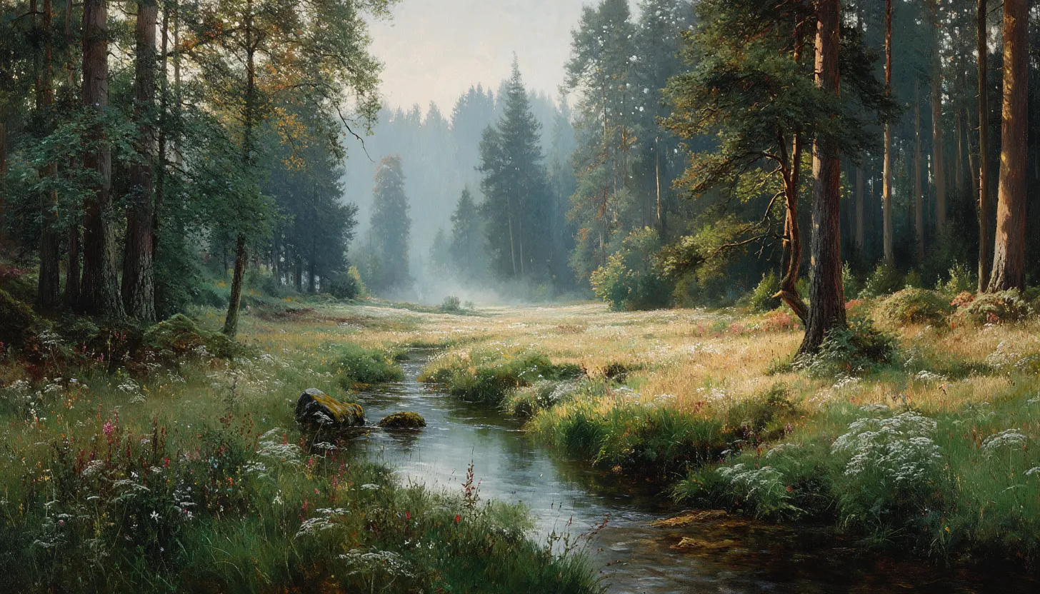 A wildflower meadow between two stands of forest at sunrise, a narrow creek winding through it and mist hanging at the treeline.