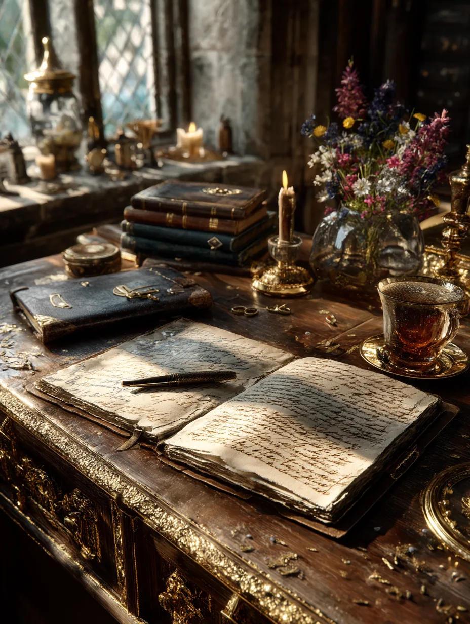 An open notebook covered in handwriting on a desk, beside a fountain pen, a brass lamp and a stack of books.
