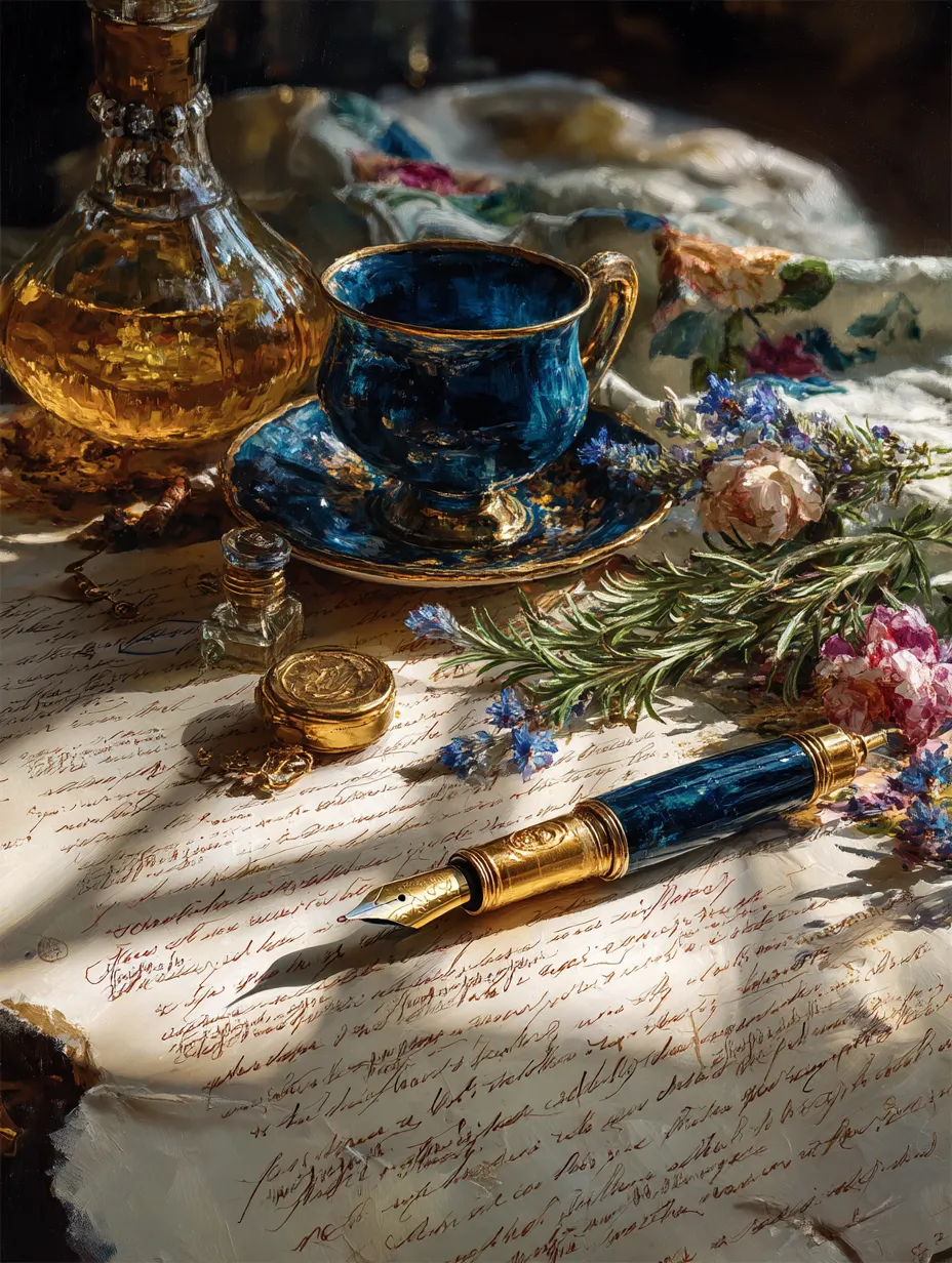 A close view of a handwritten page corrected in red ink with an ornate fountain pen laid across it, a cup and sprigs of rosemary alongside.