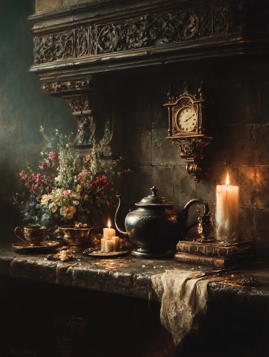 A carved mantelpiece at night holding a brass clock, a dark teapot, a burning candle and a stack of old books.