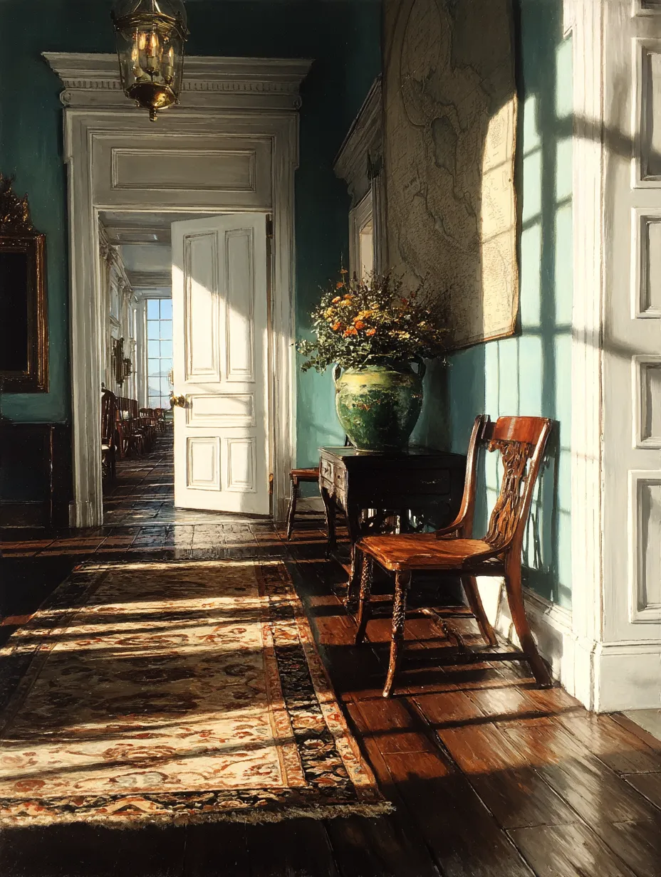A single wooden chair standing alone in a sunlit hallway, an open door beyond it revealing a row of matching chairs receding down a corridor.