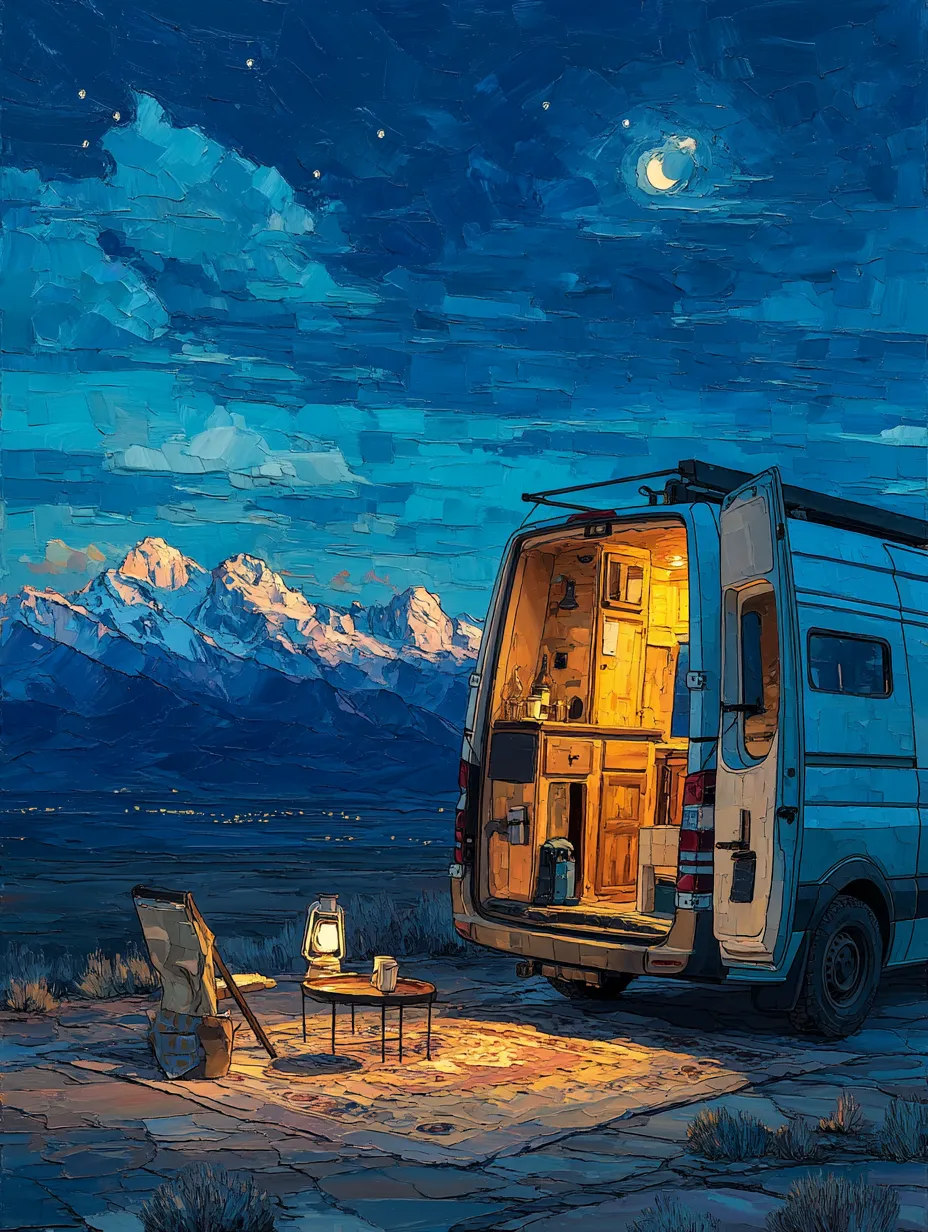 A camper van parked alone on a stony desert pullout at night, warm light spilling from its open rear doors, snow-capped mountains and a crescent moon beyond.