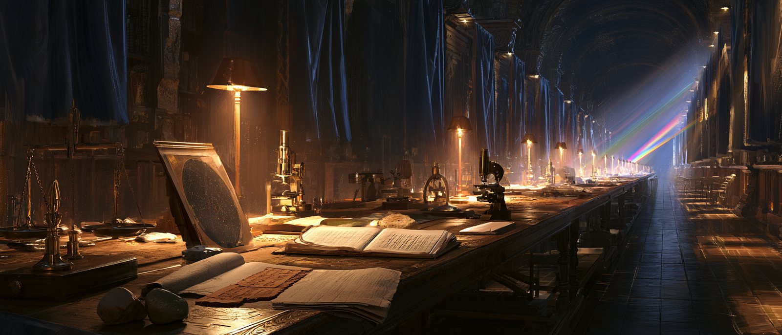 A long lamplit work table running down a vaulted hall, laid with brass balances, microscopes, open ledgers and unrolled charts, with a thin rainbow of split light crossing the far end.