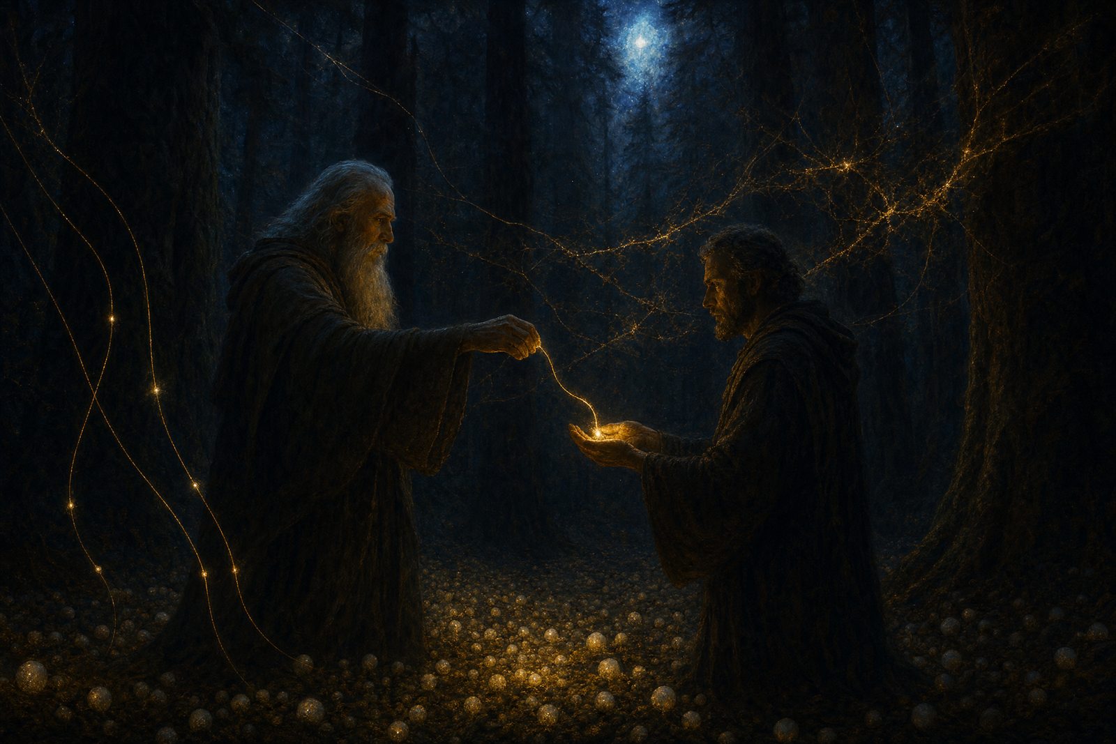 Two robed thinkers in a dark old-growth forest of faint glowing spheres and golden mycelial threads; one lays a single bright thread into the other's open hand while three frayed threads hang unlit, fading into the wood.