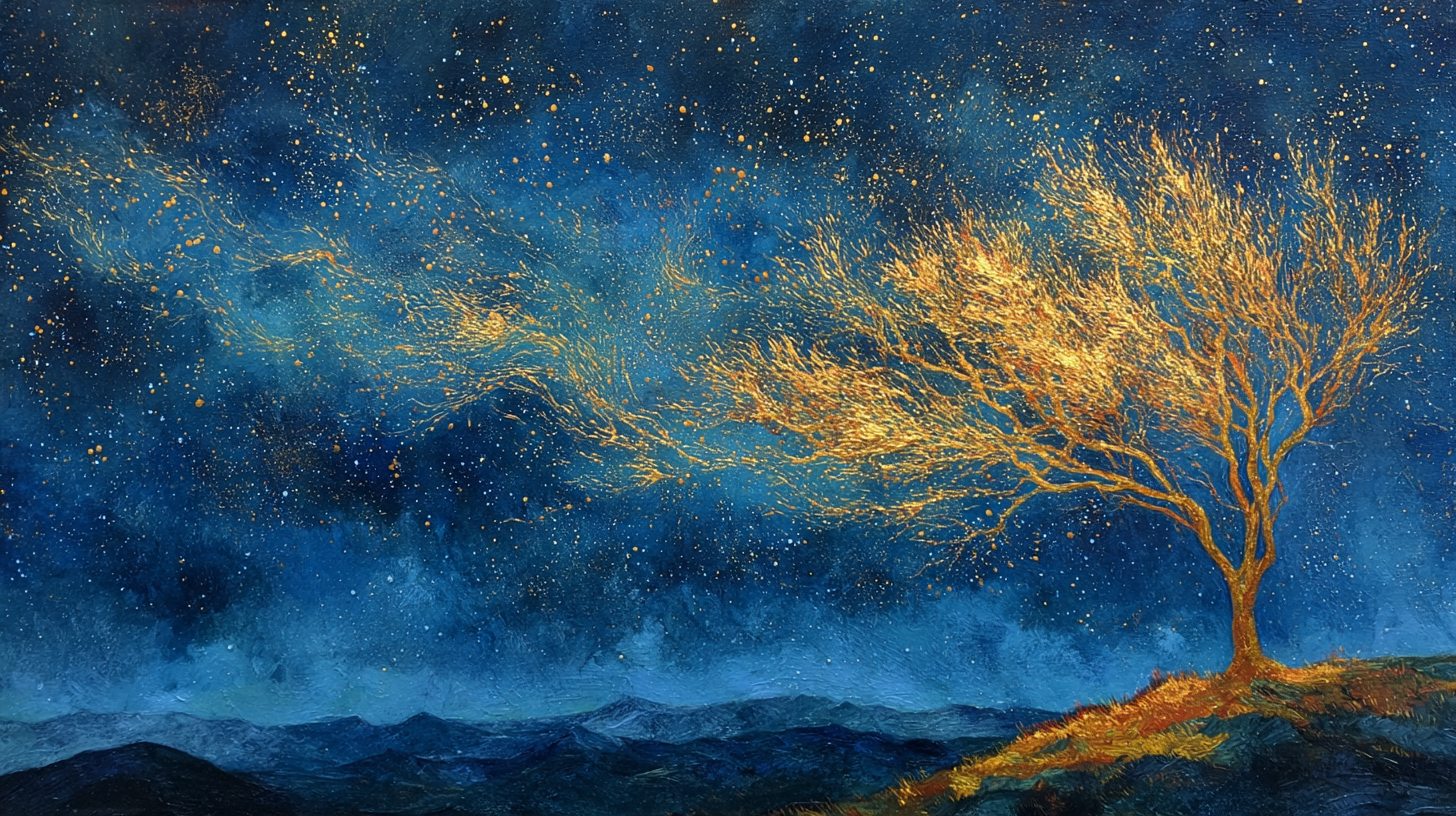 A solitary golden tree of knowledge on a dark windswept rise beneath a vast night sky, its luminous branches reaching upward like filaments of light.