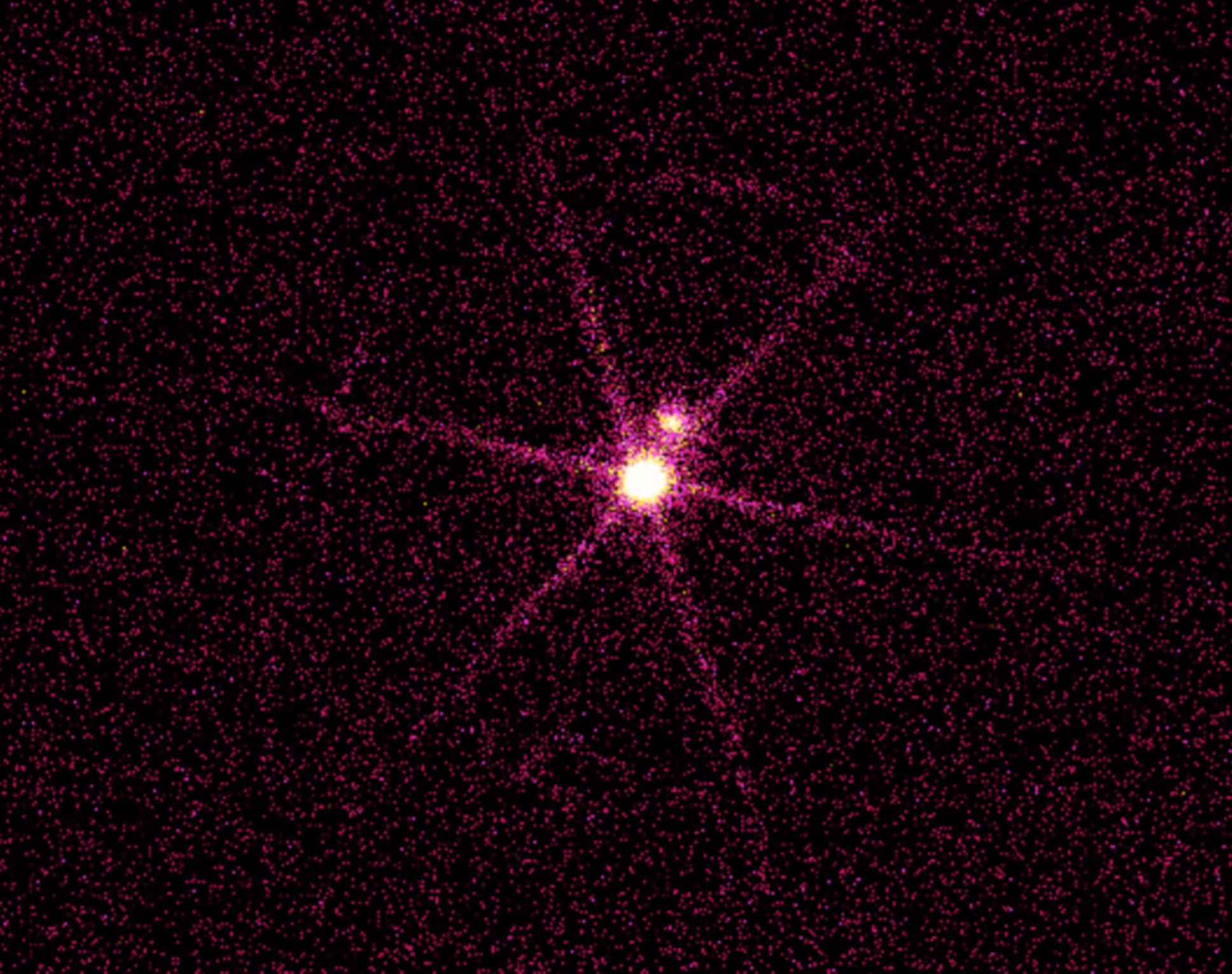 Chandra X-ray image of the Sirius system, a bright central point source with a six-spoke diffraction pattern and a dimmer companion.