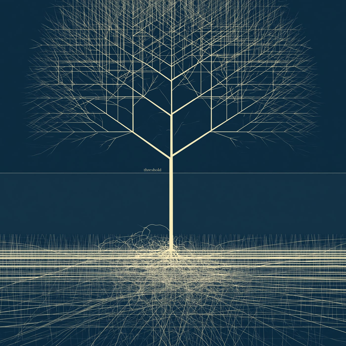 A scientific diagram showing a tangled web of horizontal connections among early protocells at the base, crossing a labeled Darwinian threshold line, then branching cleanly upward into three domains of life.