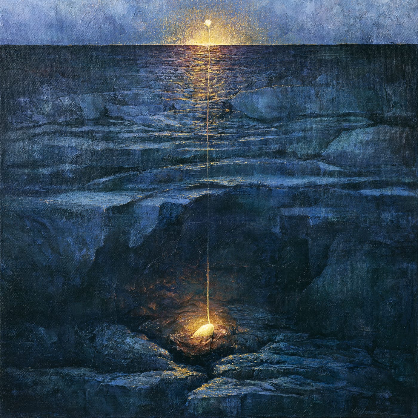 A geological cross-section in which a luminous seed is locked in deep rock layers, a single thin root of light growing upward through the strata toward a bloom of light at the surface.