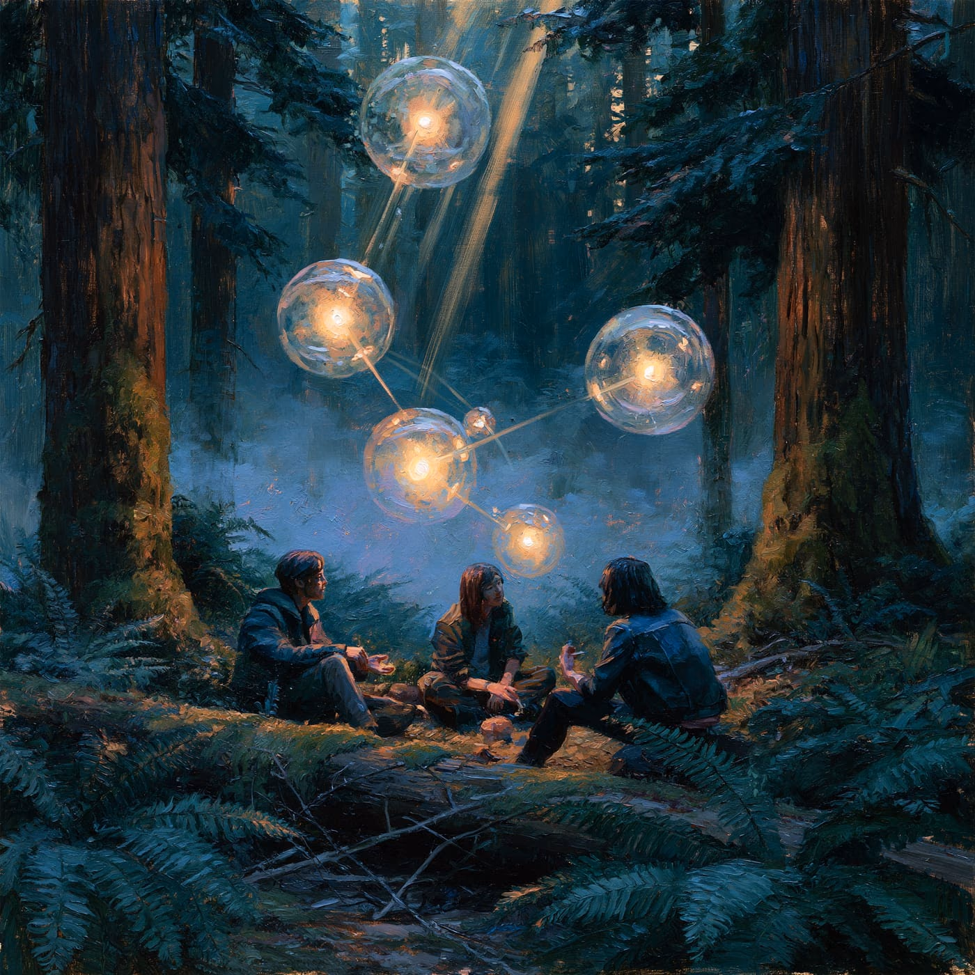 A twilight Pacific Northwest forest clearing where three seated figures talk, with faint glowing spheres of mind floating between them and thin beams of light passing from one to the next.