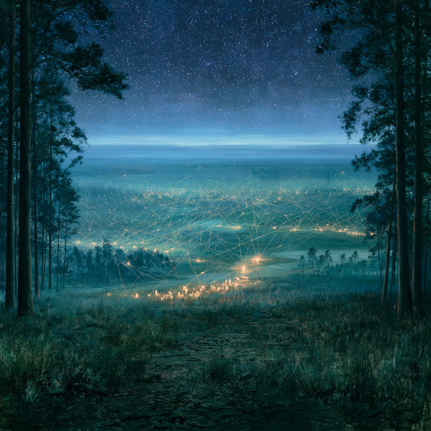 The forest clearing opening out onto a vast dark plain where countless faint branching threads of light stretch to the horizon under a deep star field, a few bright points crystallized along the nearer paths.