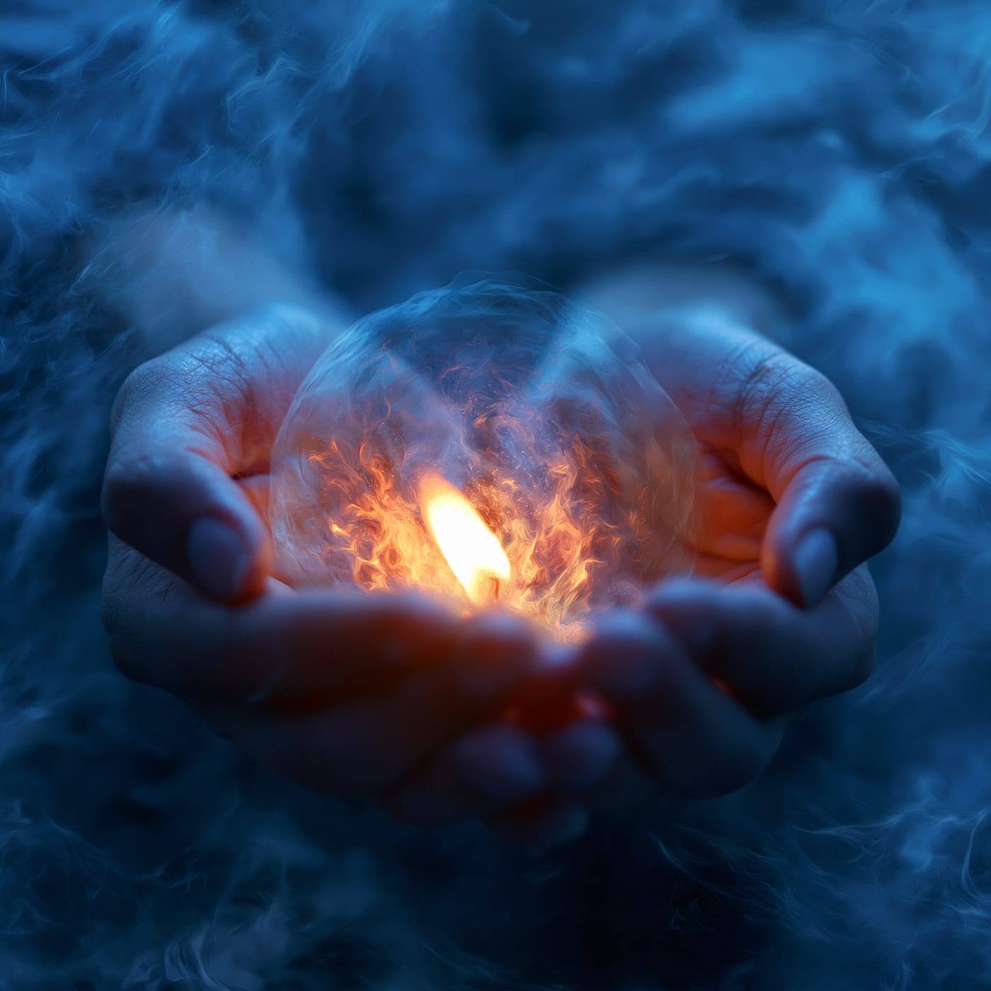 Two cupped hands shielding a single small flame from wind and darkness, a faint translucent membrane like an eggshell around it, the rest of the scene wild and noisy.