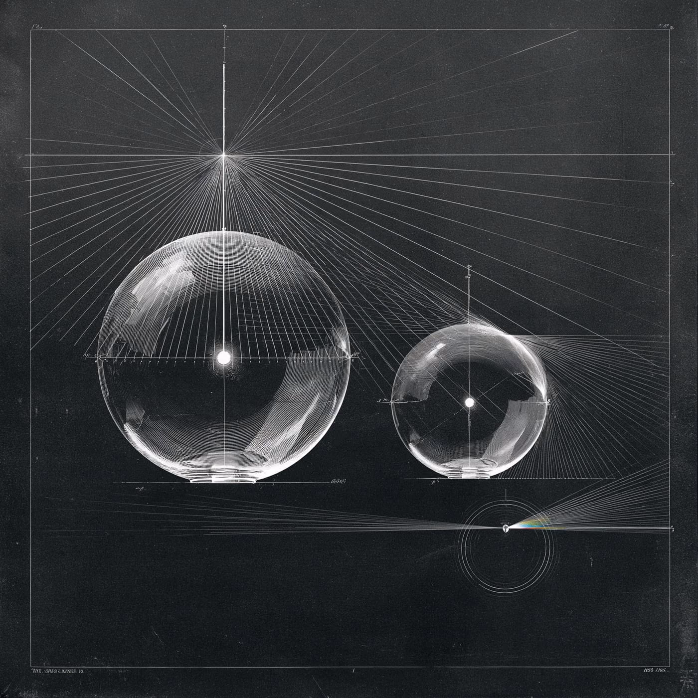 A labeled optics diagram of a clear sphere with a light source at its exact center sending rays out at ninety degrees, beside a second sphere with an off-center source whose rays bend, plus a small impurity refracting a beam into color.