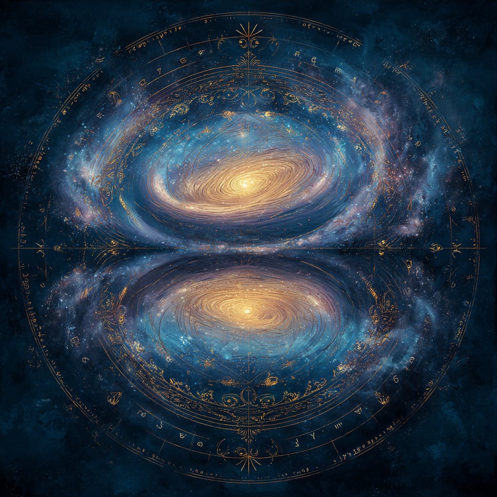A single image split into mirrored halves, a glowing living cell below and a spiral galaxy above, joined by faint symmetrical threads of light suggesting correspondence across scale.