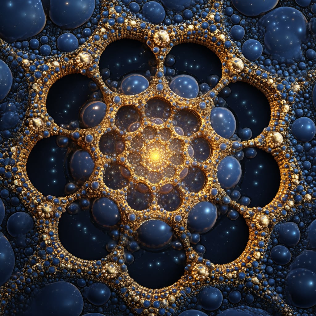 A dense packing of differently sized spheres meshed like gears, the view zooming so that a galaxy at one scale becomes an atom at another and a star becomes an electron.