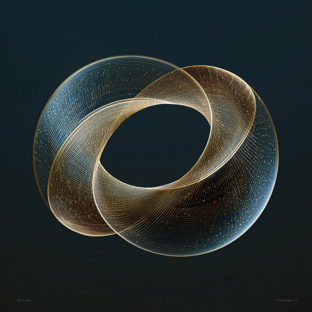 A Mobius strip caught mid-transformation, its single surface expanding outward toward infinity while its one edge contracts to a glowing point, flipping inside out.