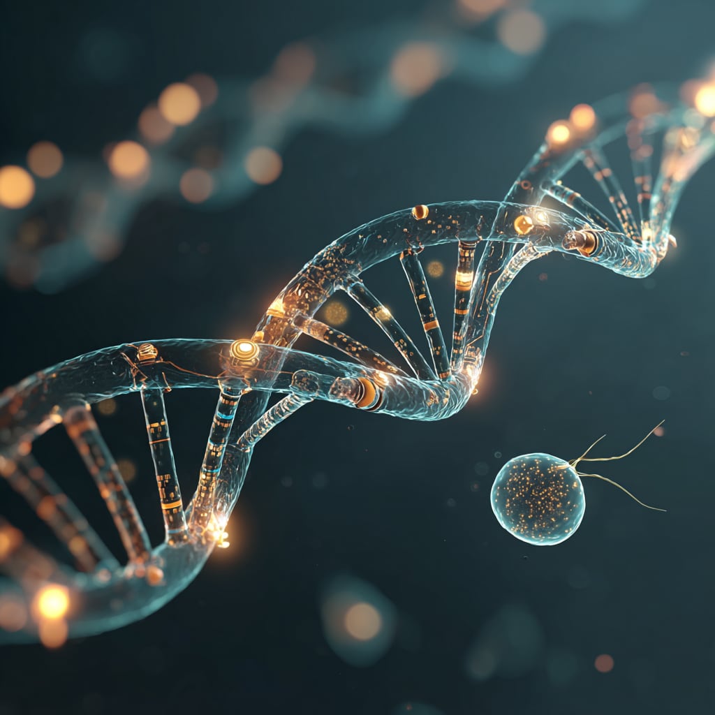 A translucent control-panel interface of glowing switches and dials overlaid on a DNA double helix, with a faint ciliate cell and its two nuclei below.