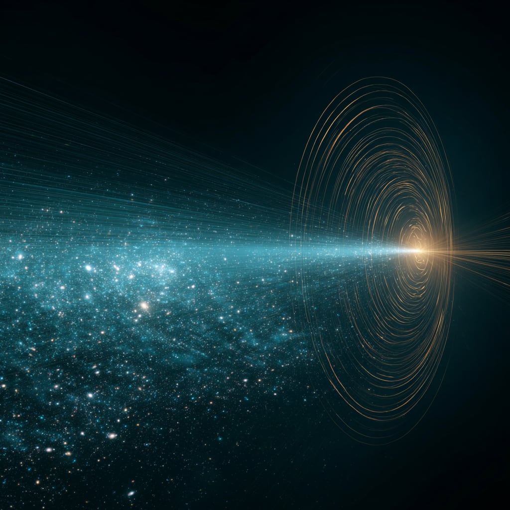 A luminous galaxy on one side where clocks run slow, a vast dark cosmic void on the other where time races, and a beam of light crossing between them shifting subtly bluer.