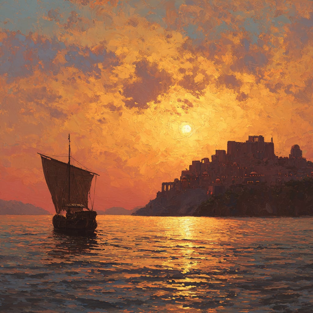 A serene painterly dawn over the eastern Mediterranean, a small intact Phoenician harbor lit and a single trading galley setting out under a square sail, a fallen palace dark on the far shore.