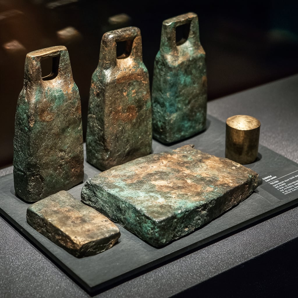 A museum-style still life of four-handled copper oxhide ingots arranged on dark slate, with a single tin ingot beside them.