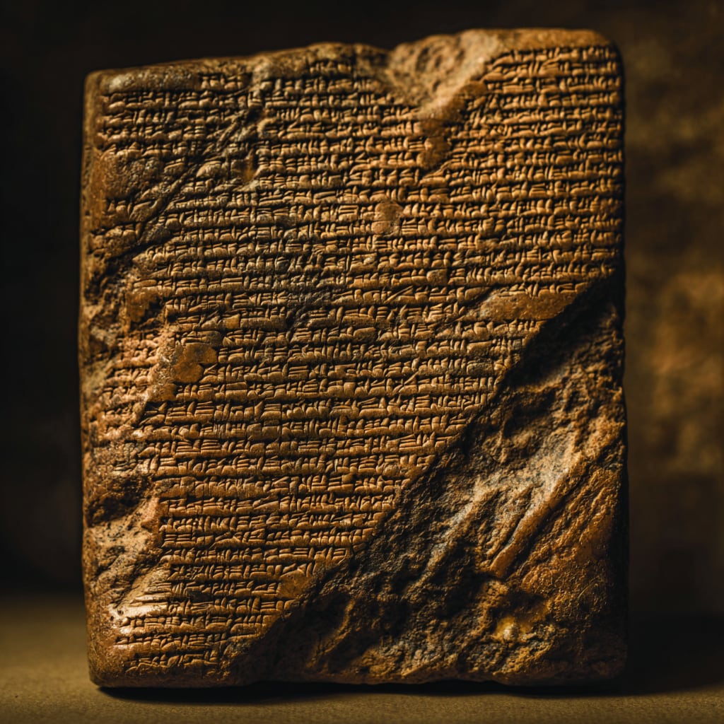 A close illustration of a single Late Bronze Age cuneiform clay tablet in warm raking light, wedge-script across its face, one line struck through by a scribe.