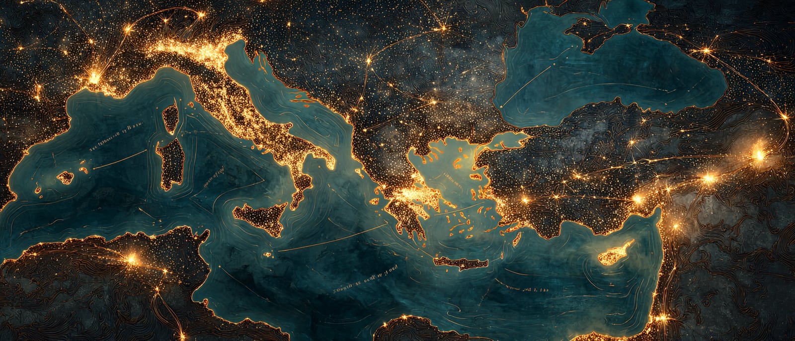 A painterly night map of the Late Bronze Age eastern Mediterranean seen from above, harbor-cities glowing as golden constellations joined by luminous trade-threads across a dark sea, several threads fraying as a storm gathers, the chart laid on aged vellum across a dark oak scholar's table with a candle and a brass astrolabe.