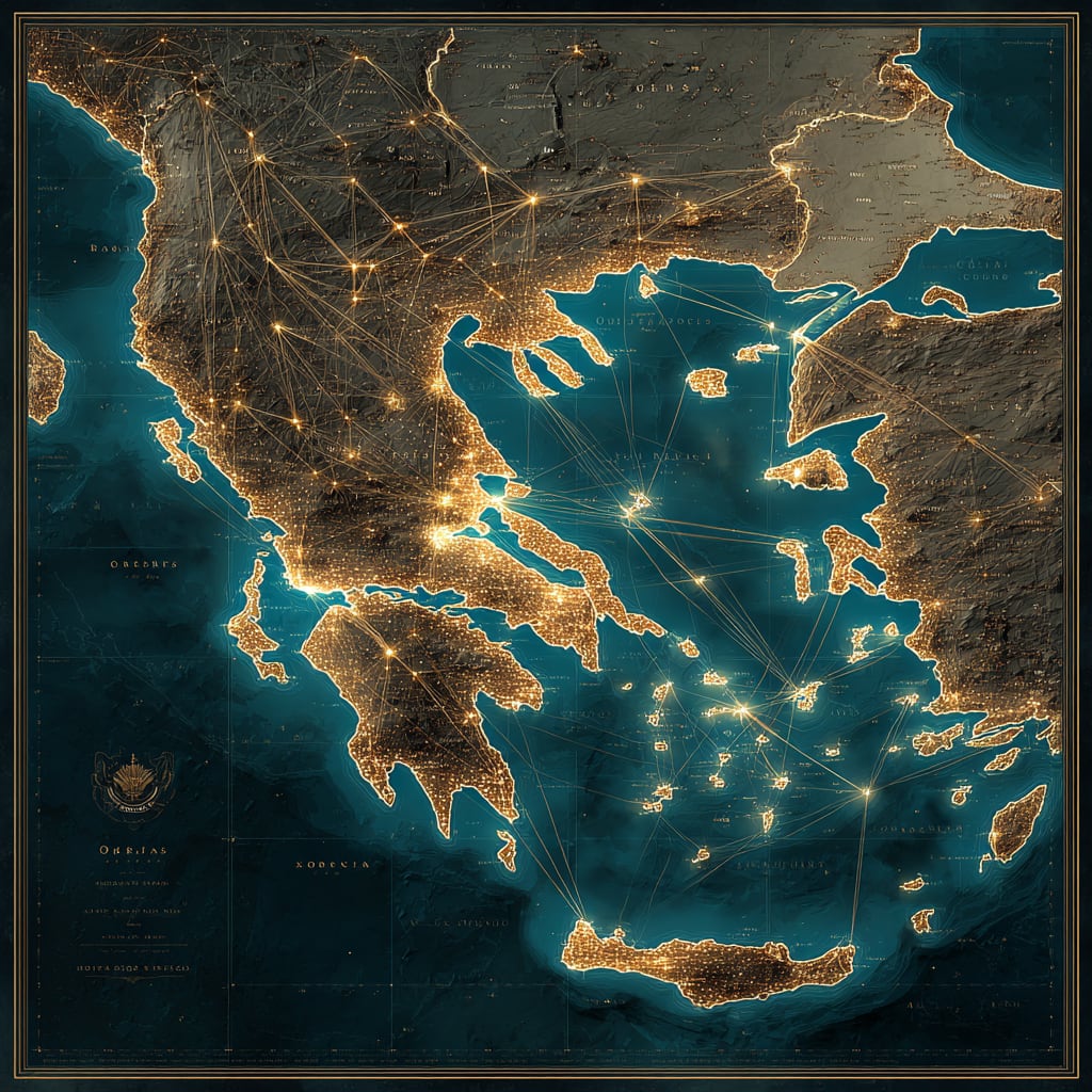 An antique-style map of the Late Bronze Age eastern Mediterranean and Near East drawn as a glowing trade network, with major centers marked as nodes joined by fine gold lines.