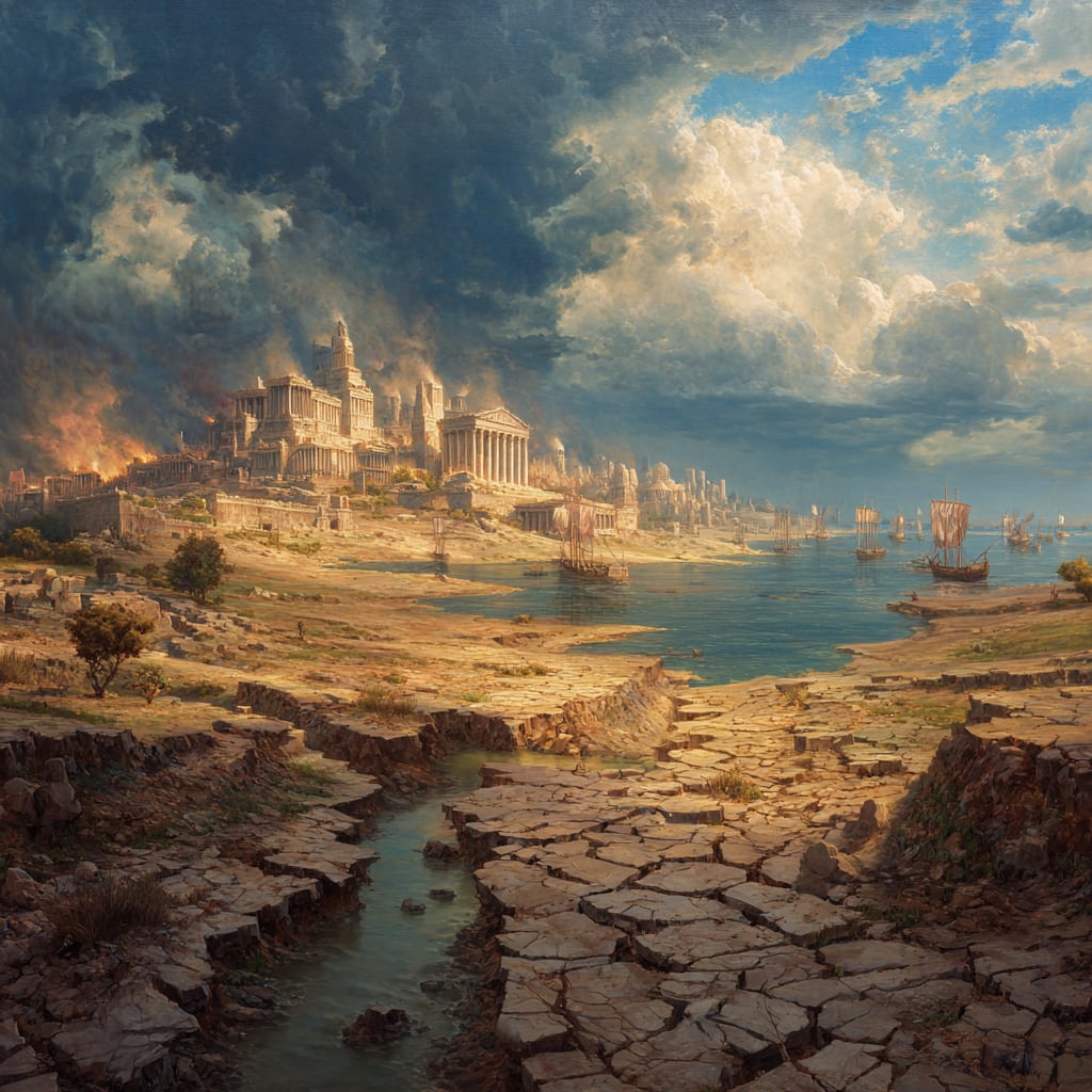 A painterly scene of a Late Bronze Age coastal city in collapse: drought-cracked fields, a fissured riverbed, a palace burning on the hill, and unfamiliar ships gathering on the dark horizon.