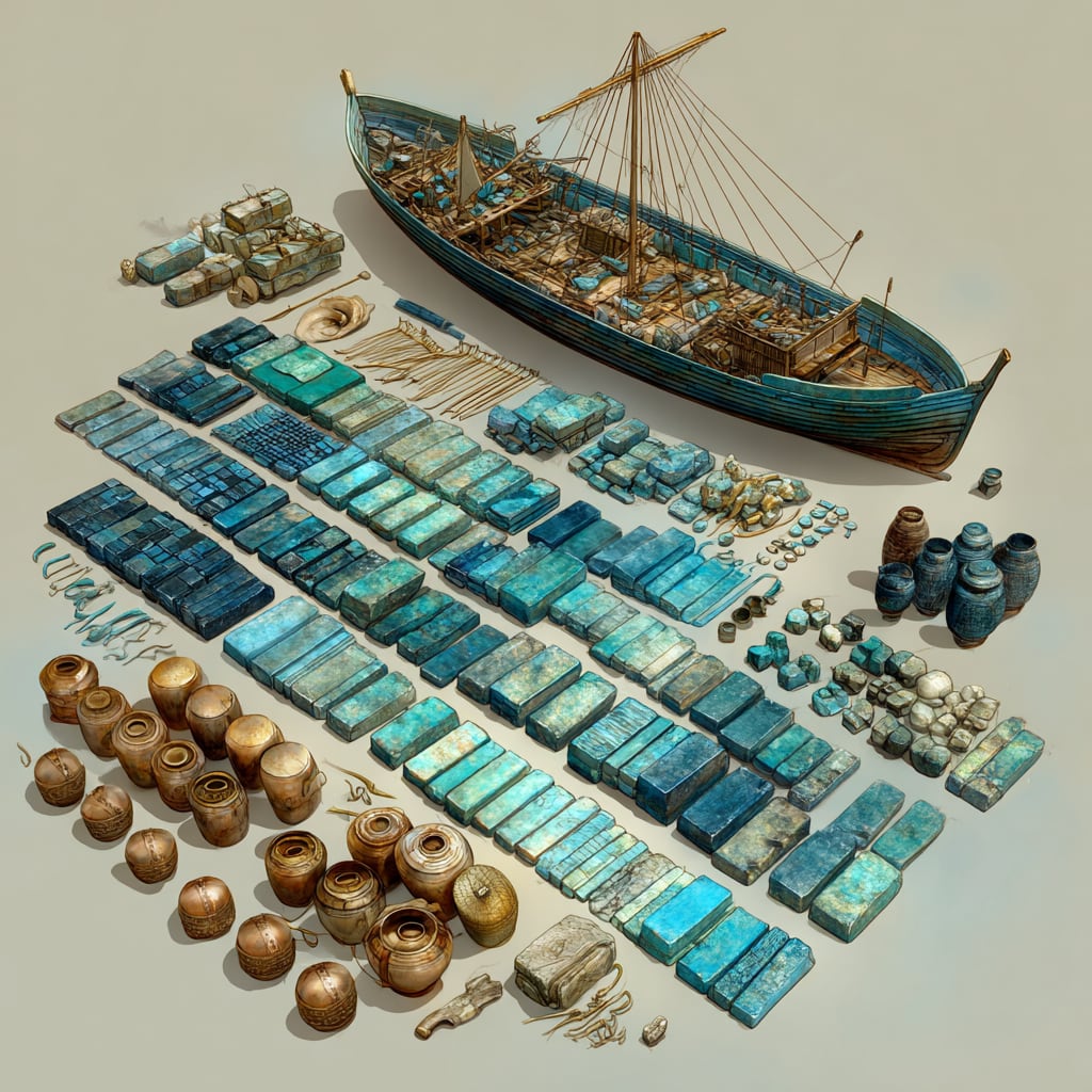 An archaeological reconstruction plate of the Uluburun shipwreck cargo laid out as recovered: stacked copper oxhide ingots, tin ingots, blue glass ingots, ebony, ivory, and amphorae.