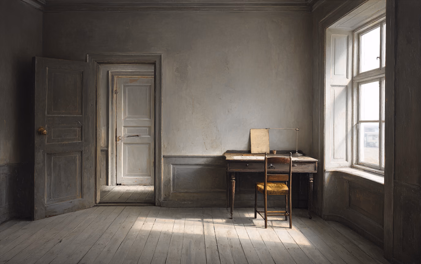 A muted grey interior in the Hammershoi manner: an empty room with bare floorboards, an open door to another empty room, and a plain desk and chair by a tall window, a lamp and a few papers on the desk and nobody at it.