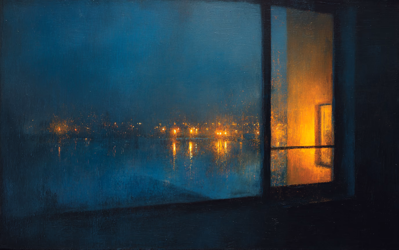 A painting of a dark window at night showing both the view outside and a faint reflection of the room.