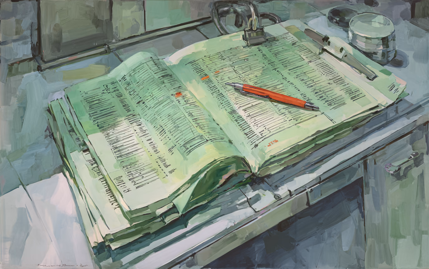 A painting of a fanfold printout of code on a desk with a red pen resting across it.
