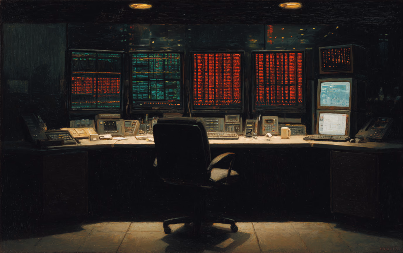 A painting of an unattended desk of trading monitors showing dense columns of figures.