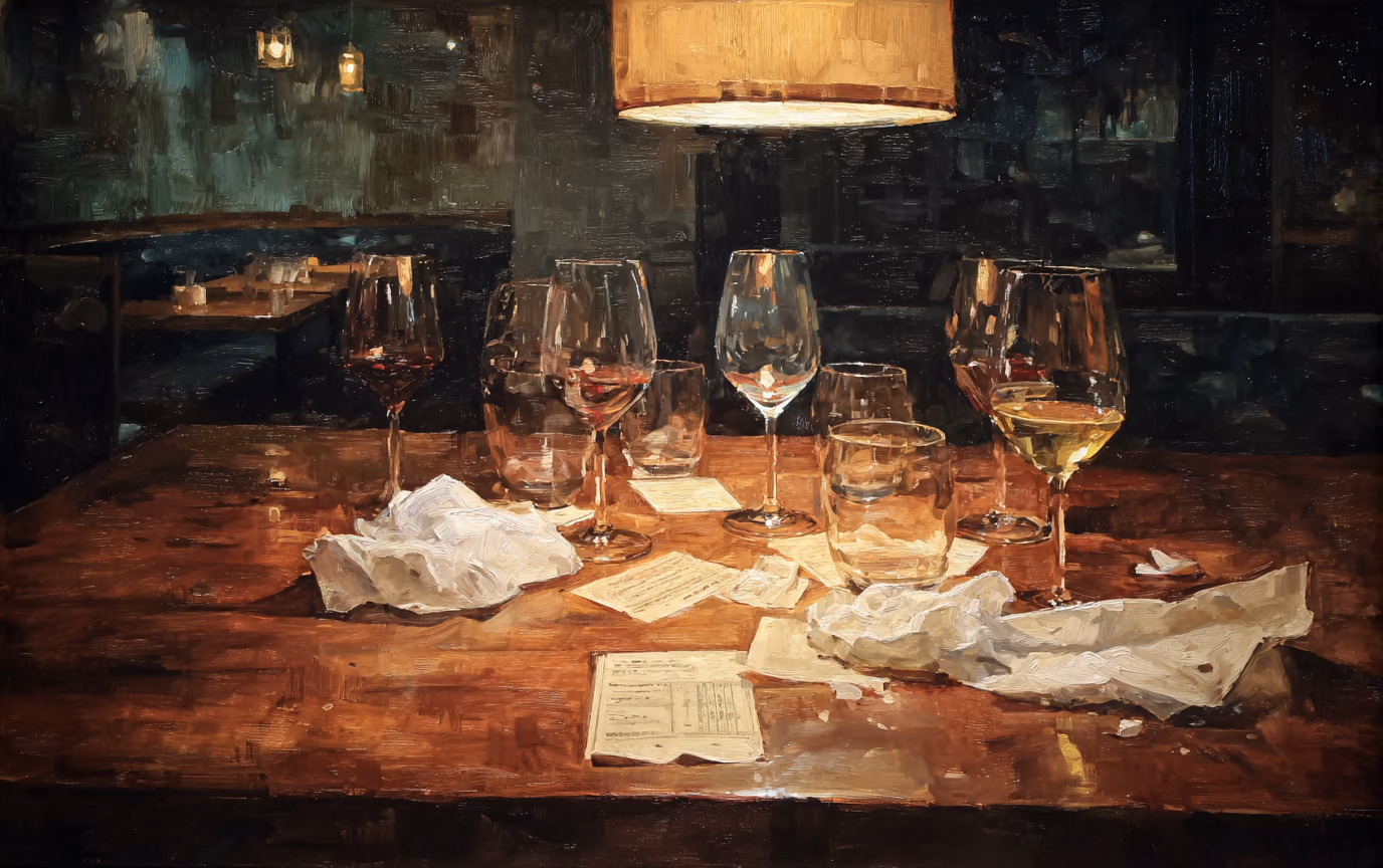 A painting of a cleared restaurant table after a meal, glasses and plates pushed together.