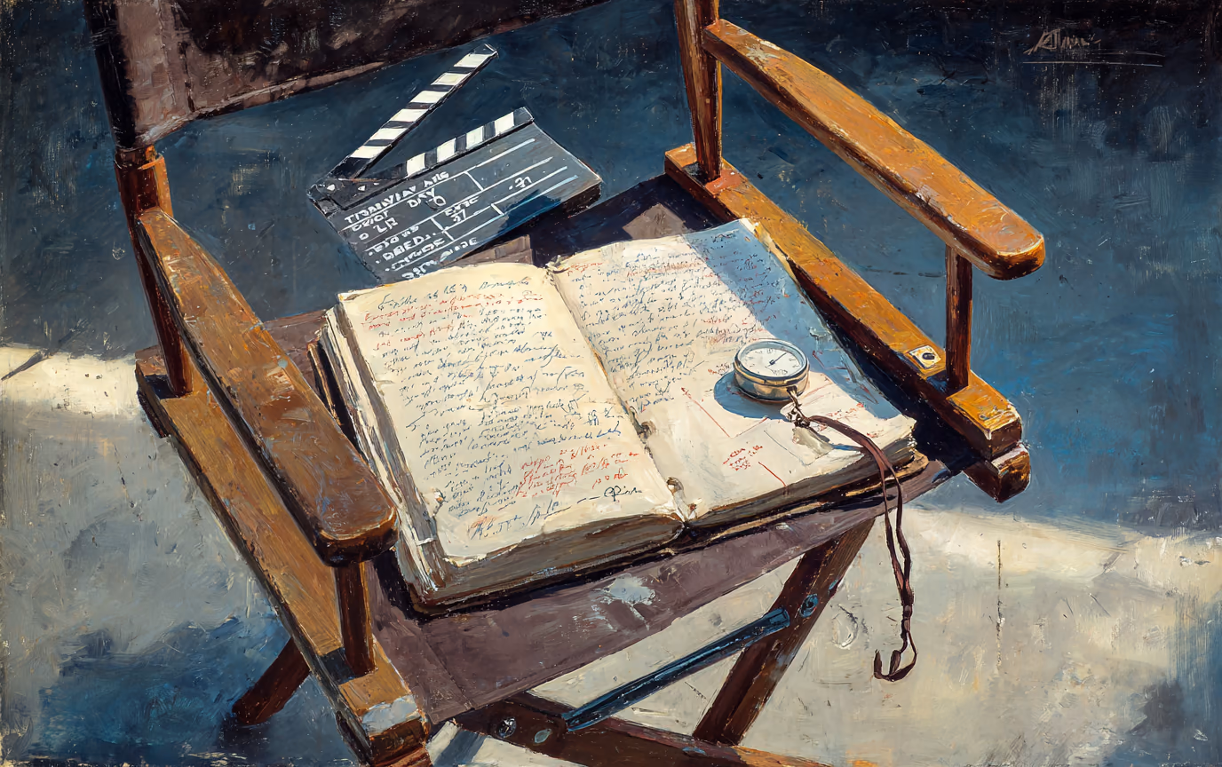 A painting of an open ring-bound continuity notebook beside a film clapperboard and a stopwatch.