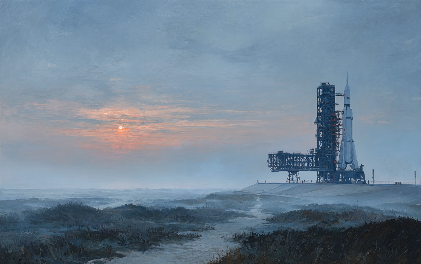 A painting of a rocket gantry at dawn with the vehicle still on the pad, seen from a distance.