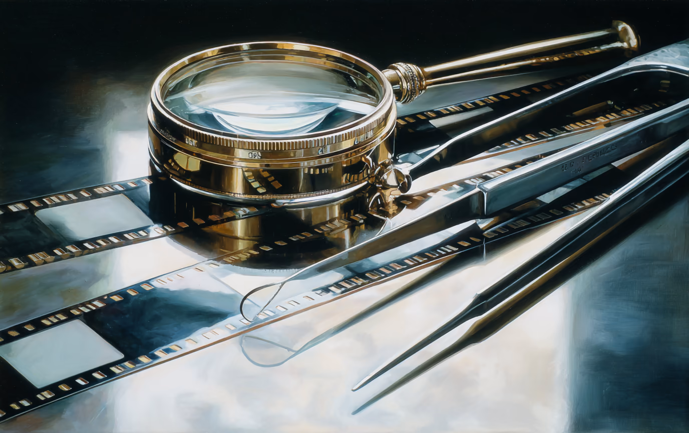 A painting of a jeweller's loupe resting on a strip of film on a lightbox.