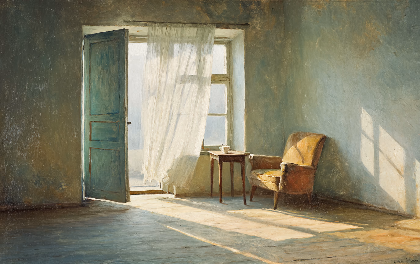A painting of a sunlit room with an open window, a chair, and a cup of tea on a low table.