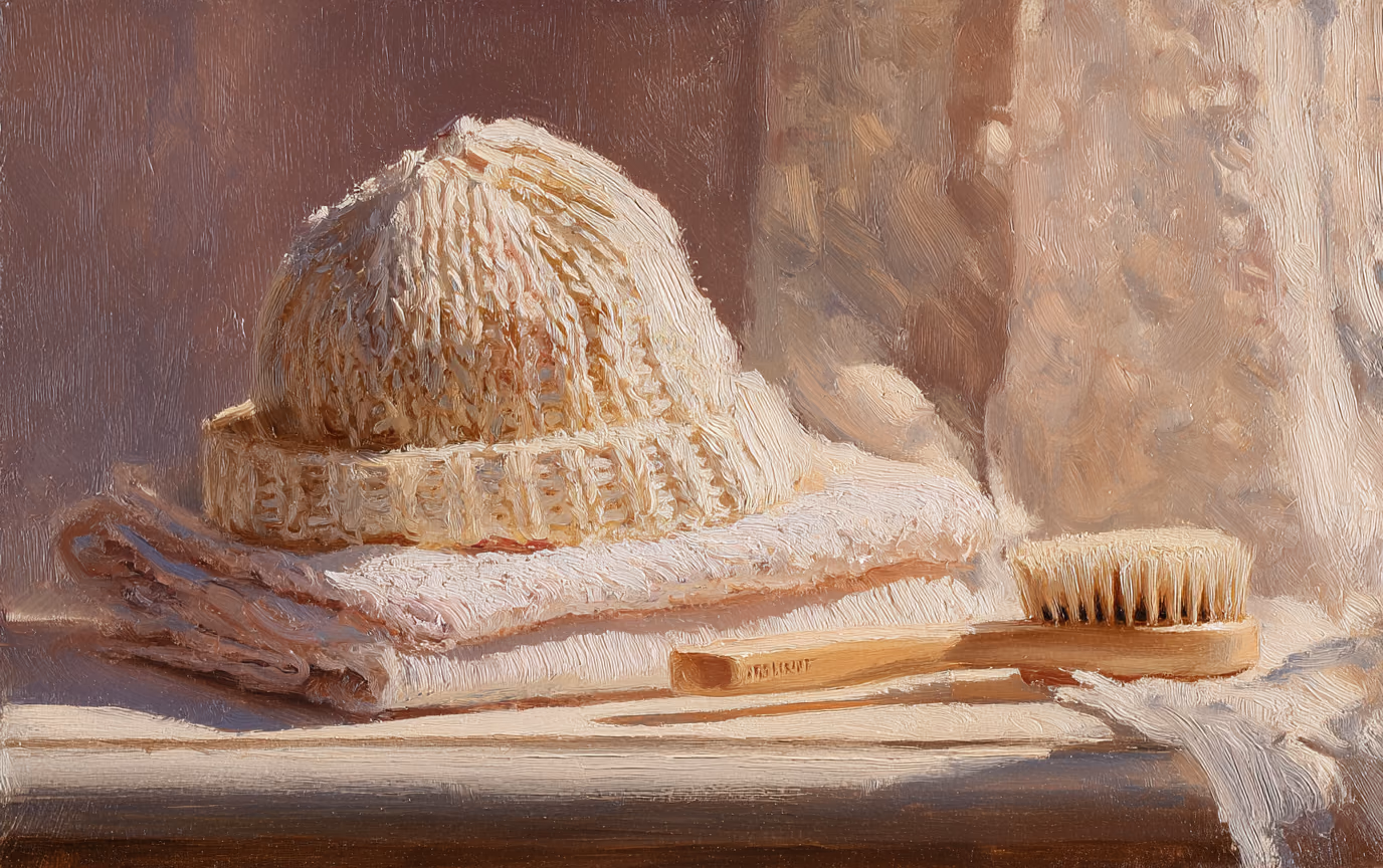 A soft still life of a knitted infant hat resting on a folded blanket in warm afternoon light.
