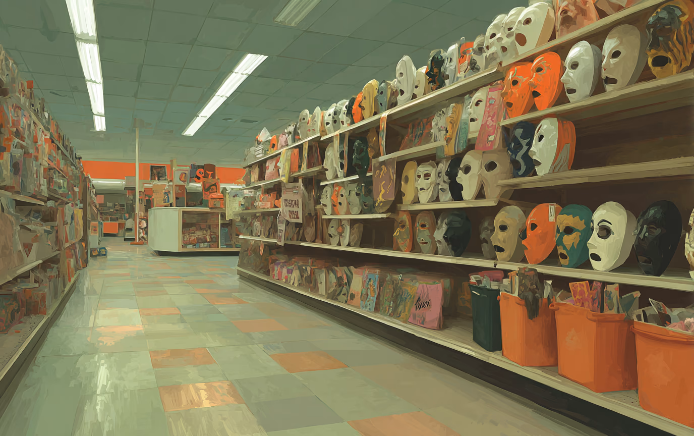A painting of a drugstore rack of vintage Halloween costume masks hanging in rows under fluorescent light.