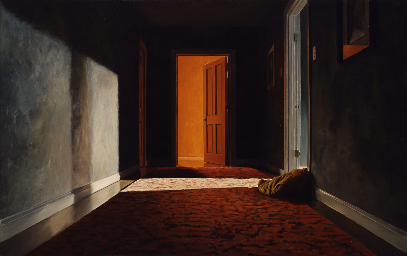 A painting of a dark hallway with a bright strip of light under a closed door at the far end.