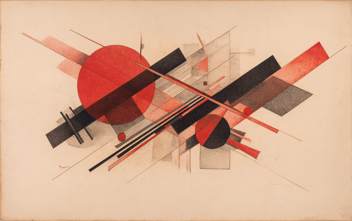 A constructivist composition on aged paper: two long diagonal bands, one red and one black, crossing at a shallow angle over floating grey planes and two circles, held in tense asymmetric balance.