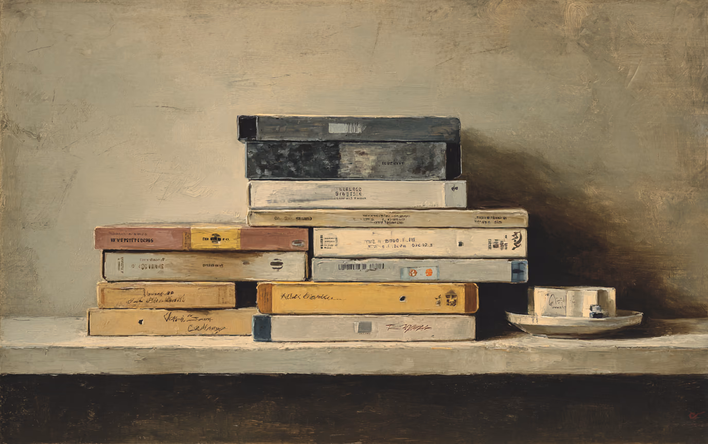 A painting of a leaning stack of VHS cassettes with hand-written paper spine labels on a shelf.