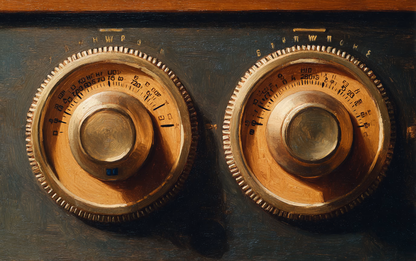 A close painting of a wood-veneer television's UHF and VHF tuning dials, two concentric rings with worn chrome detents.